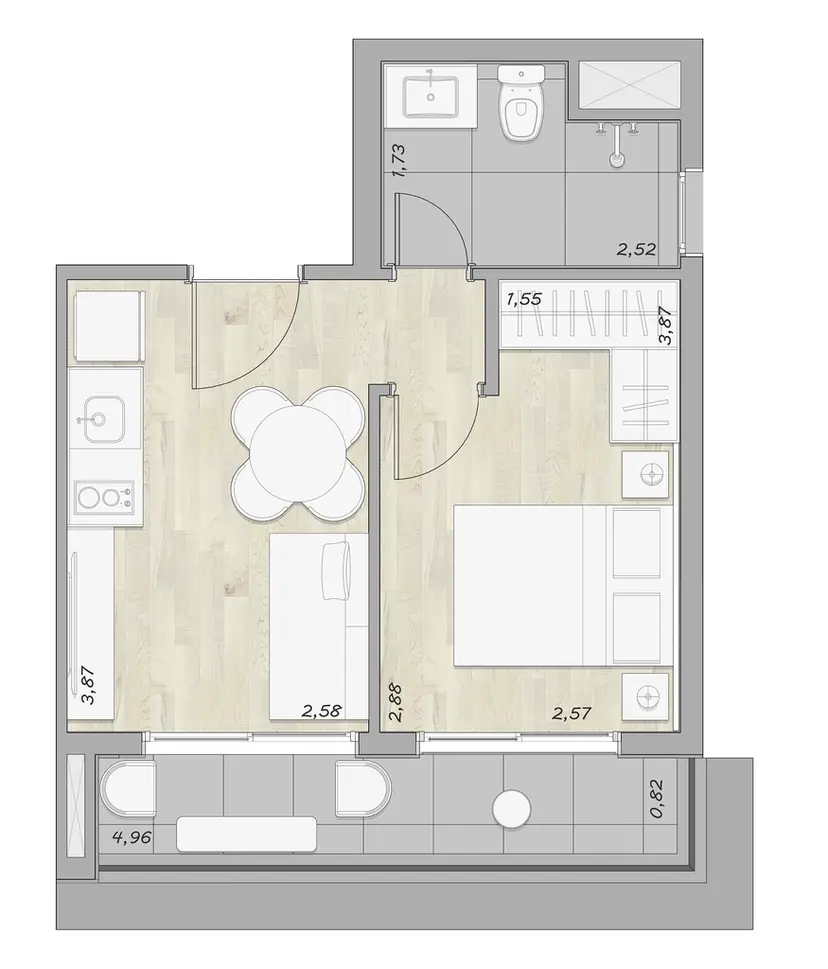 Planta 1 dormitório 40 m²