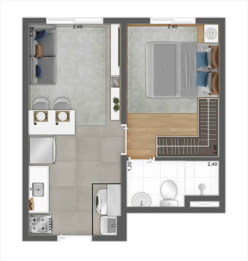 Planta 1 dormitório 24,79 m²
