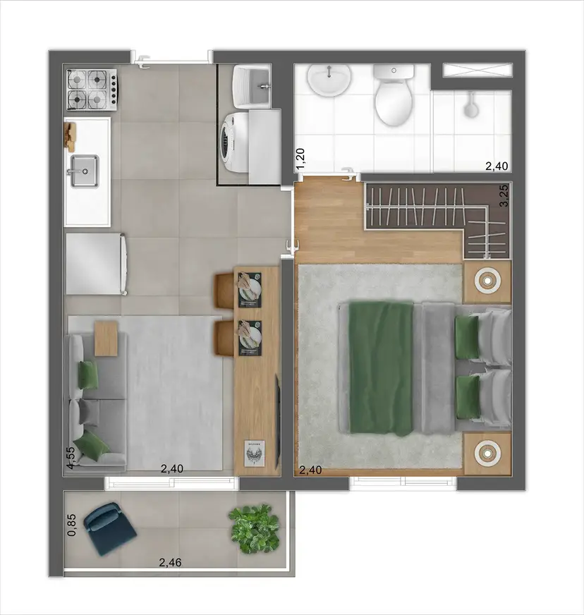 Planta 1 dormitório 27,25 m²