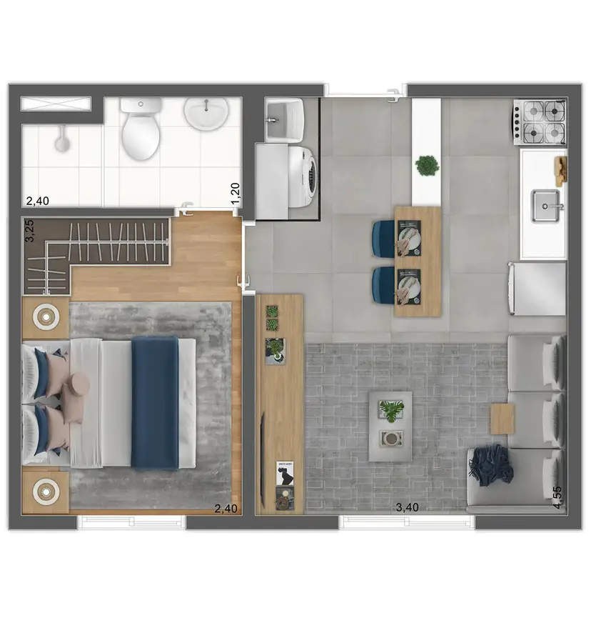 Planta 1 dormitório 27,43 m²
