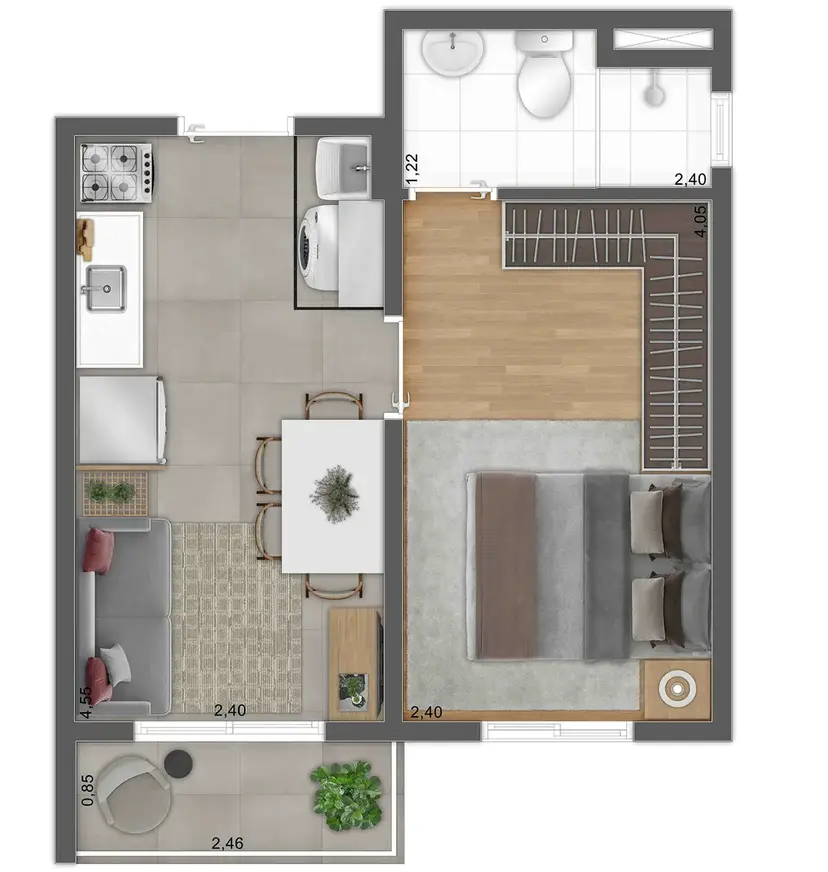 Planta 1 dormitório 29,61 m²