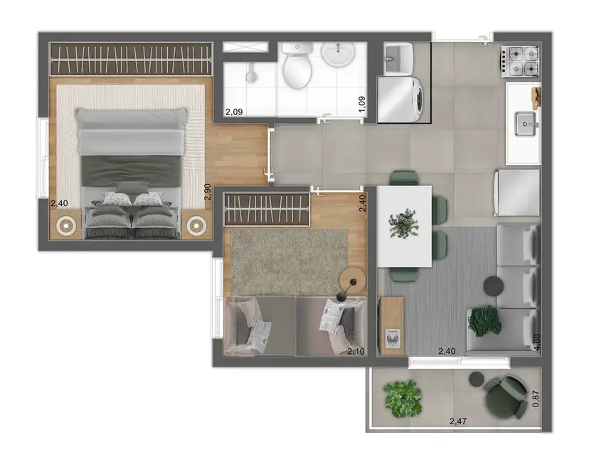 Planta 2 dormitórios 34,21 m²