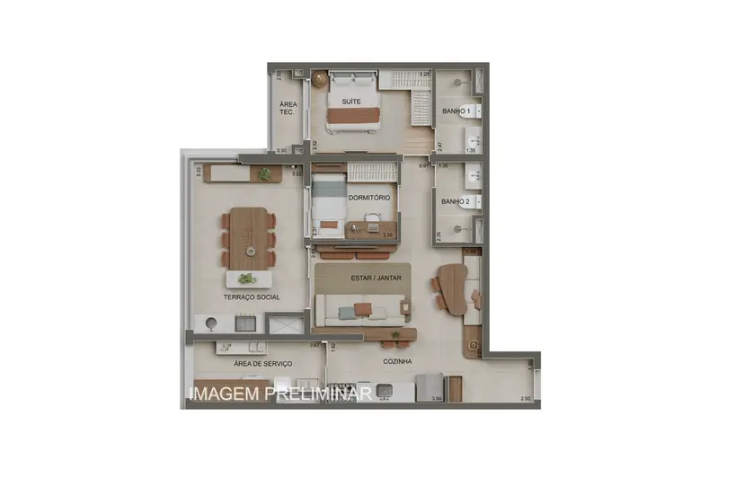 Planta 2 dormitórios 83 m²
