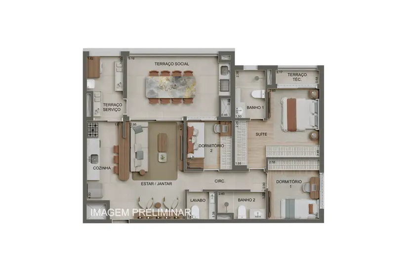 Planta 3 dormitórios 99 m²
