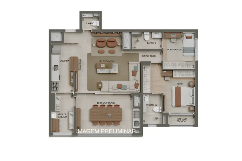 Planta 2 dormitórios – opção de planta 100 m²