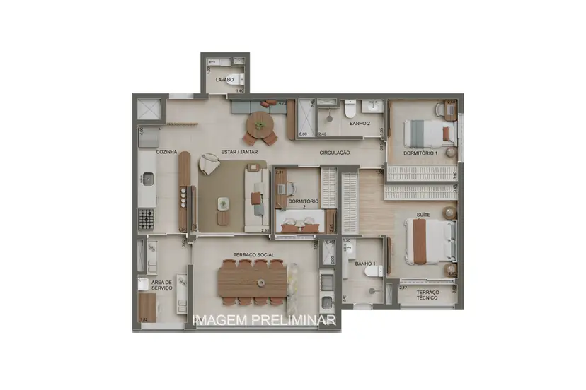 Planta 3 dormitórios 100 m²