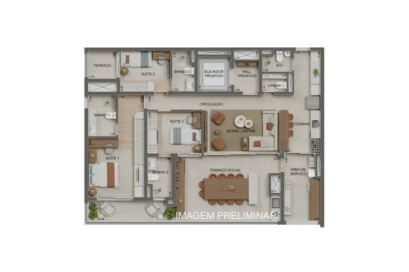 Planta 3 dormitórios 147 m²