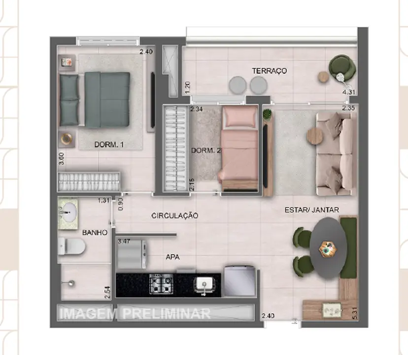 Planta 2 dormitórios 52 m²