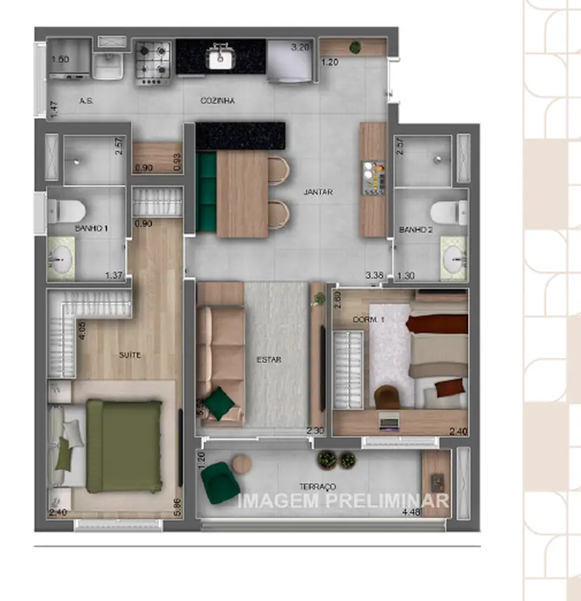 Planta 2 dormitórios 65 m²