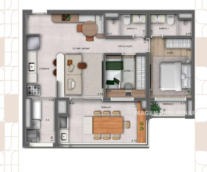 Planta 2 dormitórios 76 m²