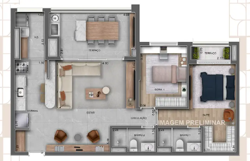 Planta 2 dormitórios 90 m²