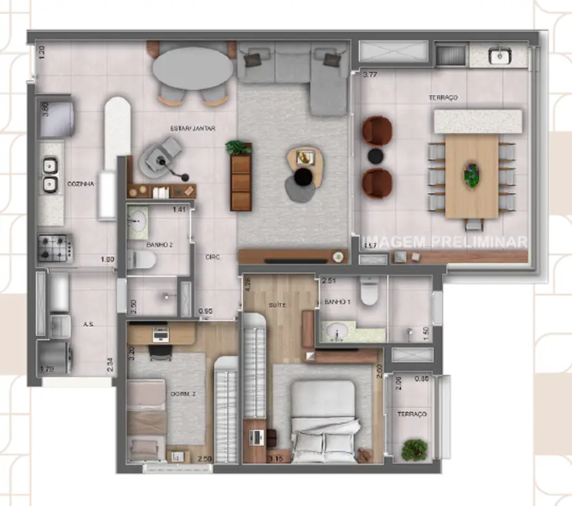 Planta 2 dormitórios – opção de planta 96 m²