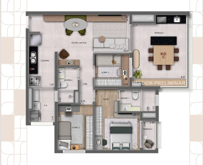 Planta 3 dormitórios 96 m²