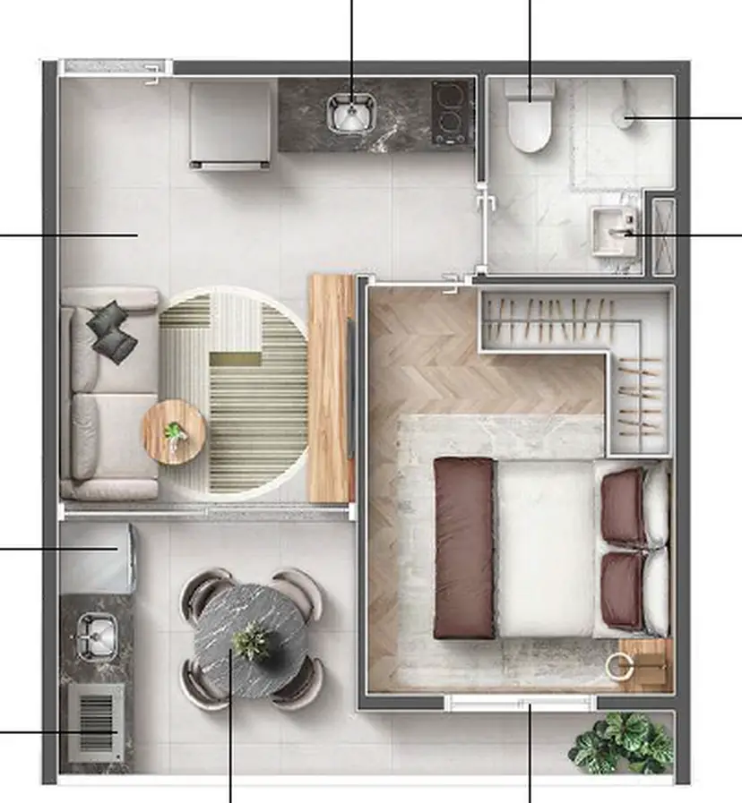 Planta 1 dormitório 30,14 m²