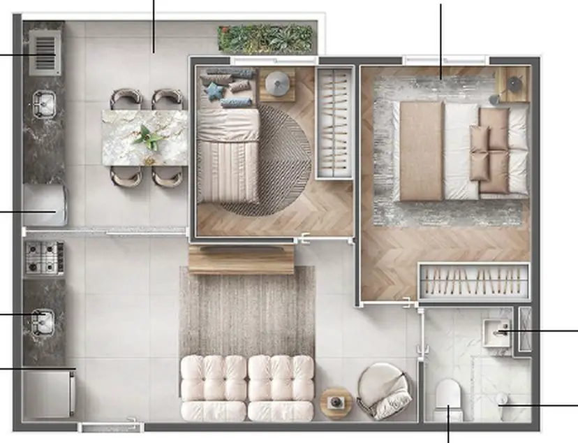 Planta 2 dormitórios 42,02 m²