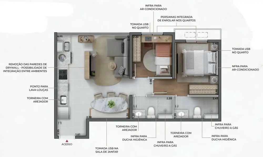 Planta 2 dormitórios 44,36 m²