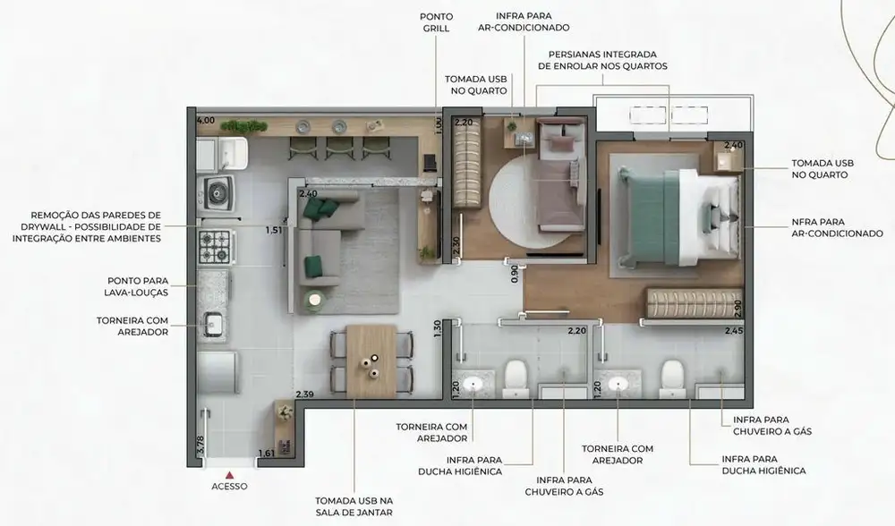 Planta 2 dormitórios 45,05 m²
