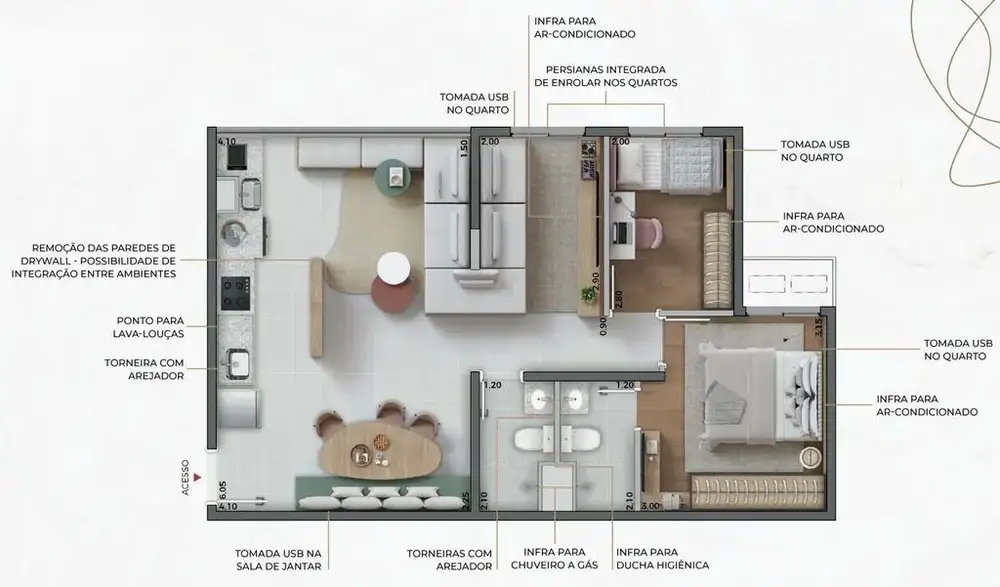 Planta 2 dormitórios – opção de planta 58,45 m²