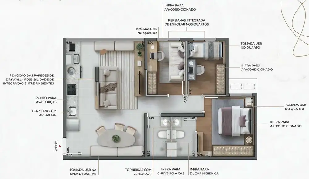 Planta 3 dormitórios 58,45 m²