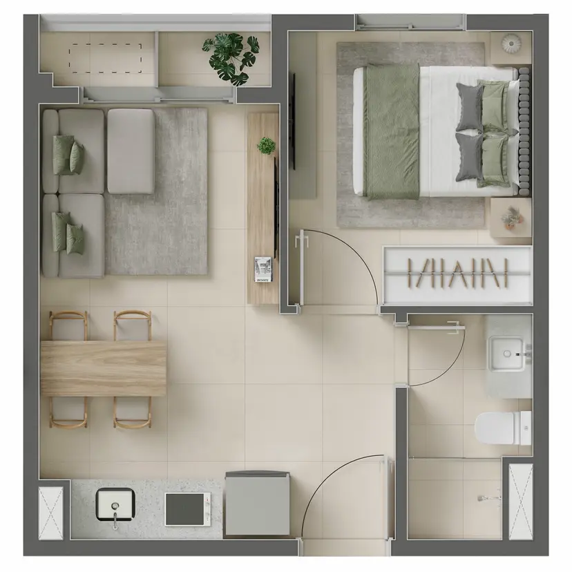 Planta 1 dormitório 32 m²
