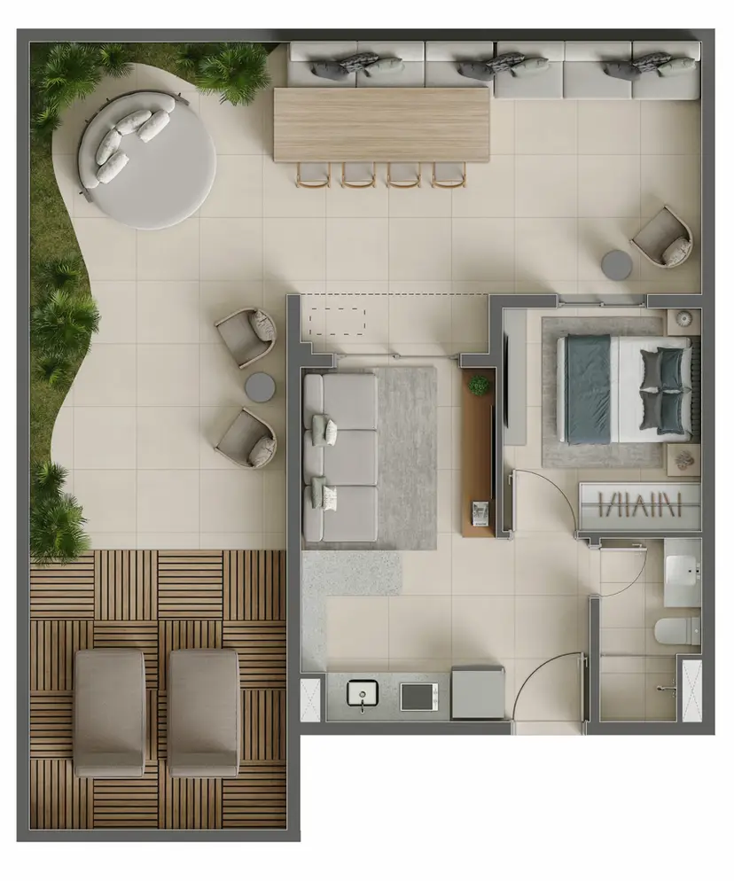 Planta 1 dormitório – garden 91 m²