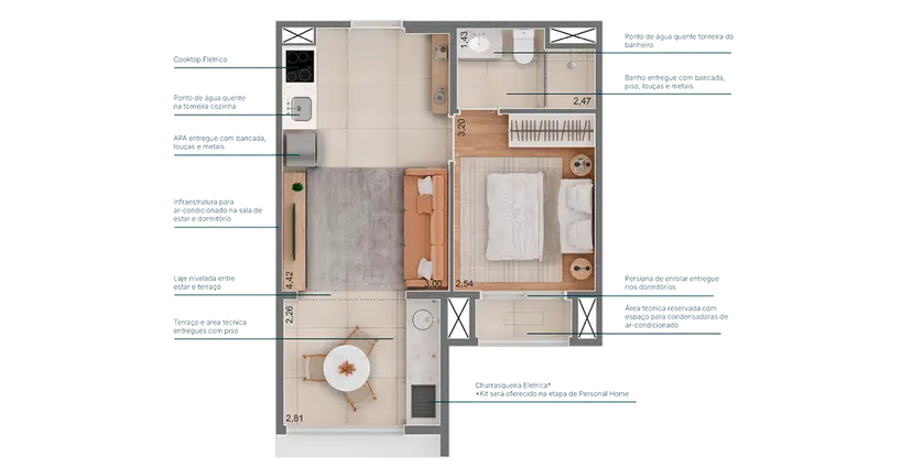 Planta 1 dormitório 38 m²