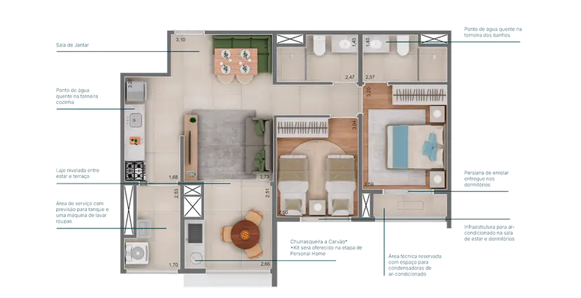Planta 2 dormitórios 64 m²