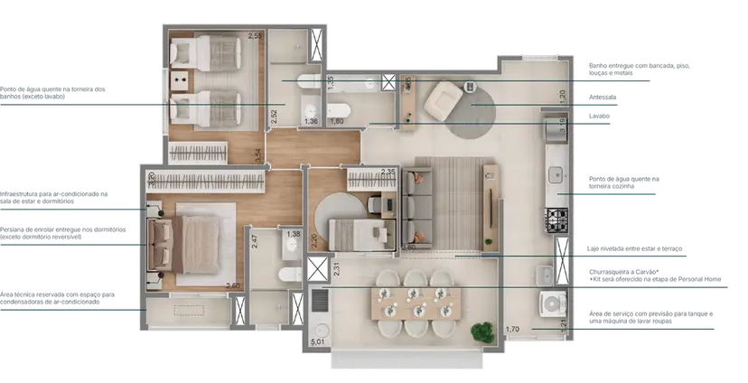 Planta 3 dormitórios 85 m²