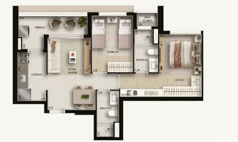 Planta 2 dormitórios 61 m²