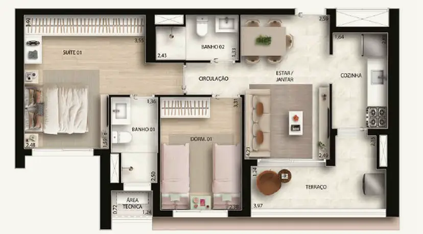 Planta 2 dormitórios 62 m²