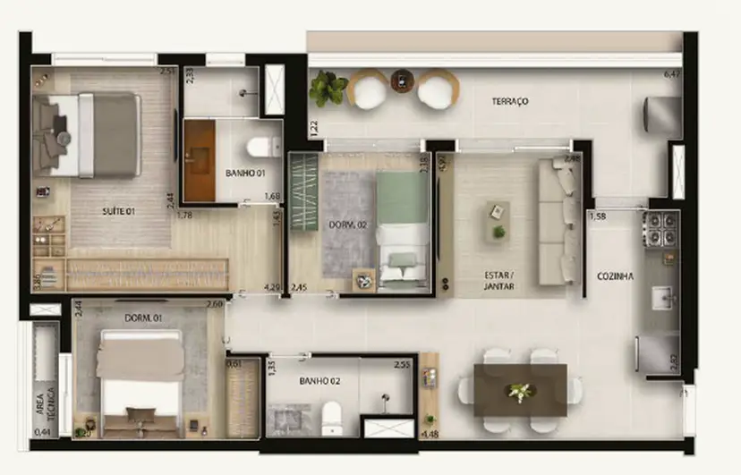 Planta 3 dormitórios 76 m²