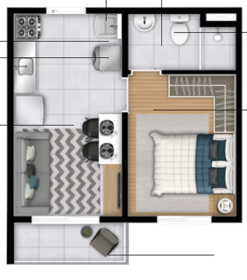Planta 1 dormitório 24,16 m²