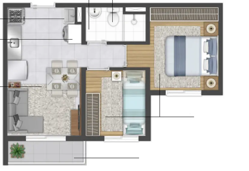 Planta 2 dormitórios 36,27 m²