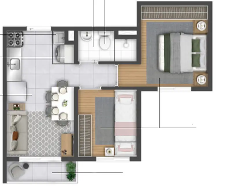Planta 2 dormitórios 36,47 m²