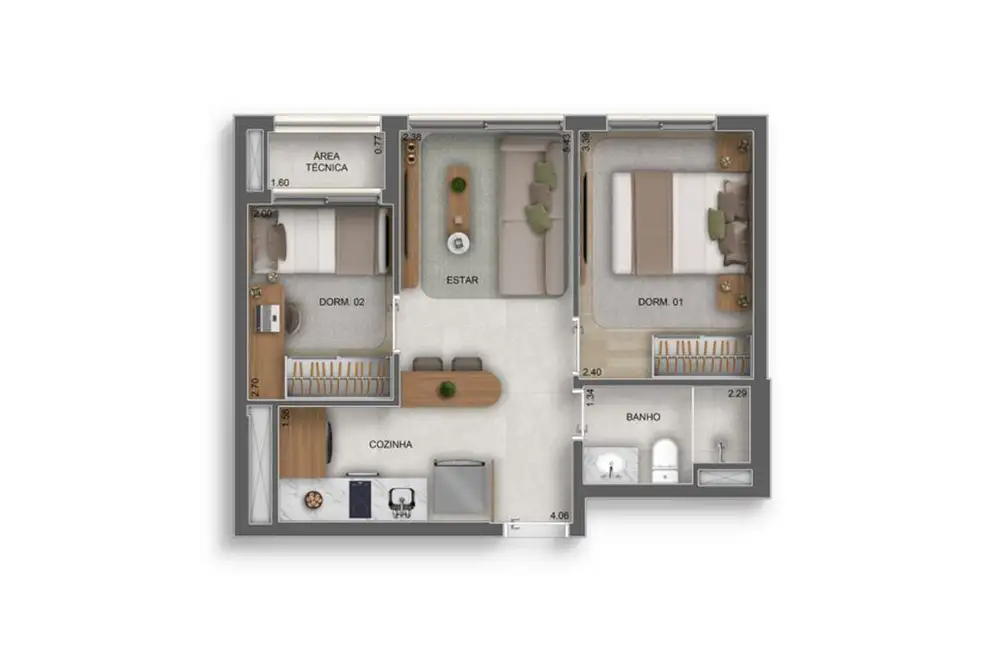 Planta 2 dormitórios 40 m²