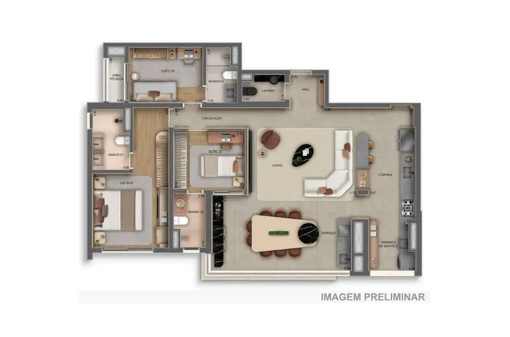 Planta 3 dormitórios 120 m²