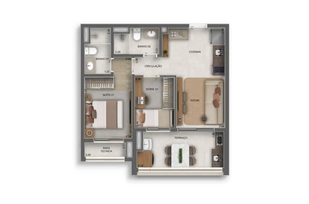 Planta 2 dormitórios 52 m²