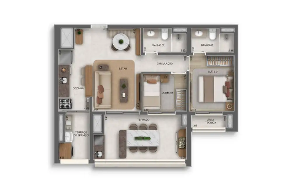 Planta 2 dormitórios 62 m²