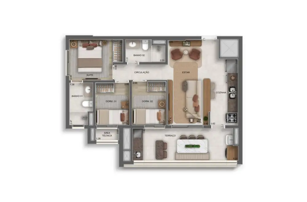Planta 3 dormitórios 69 m²