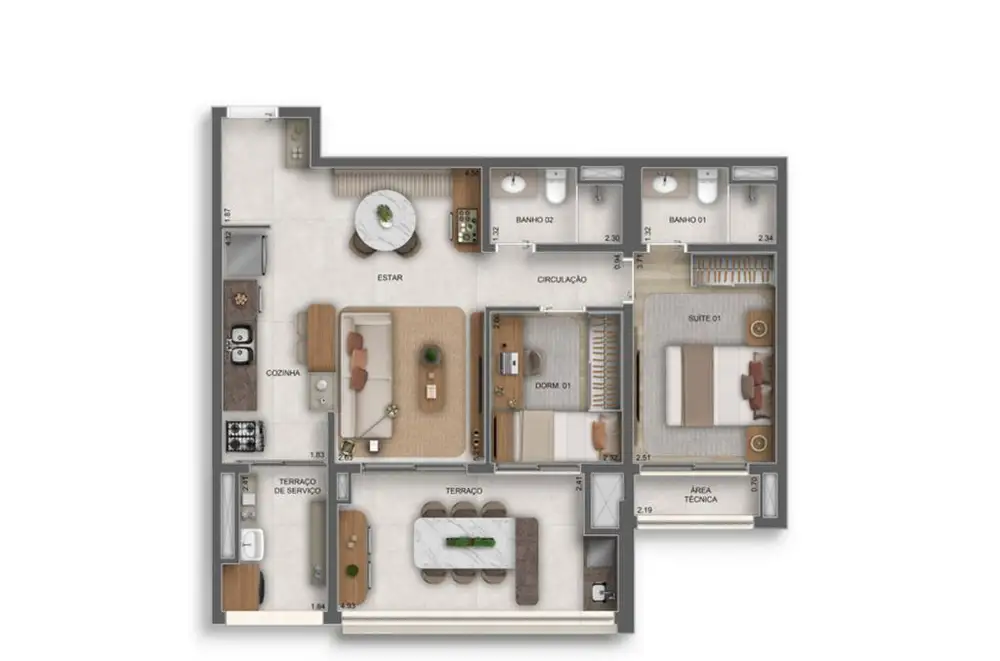 Planta 2 dormitórios 79 m²