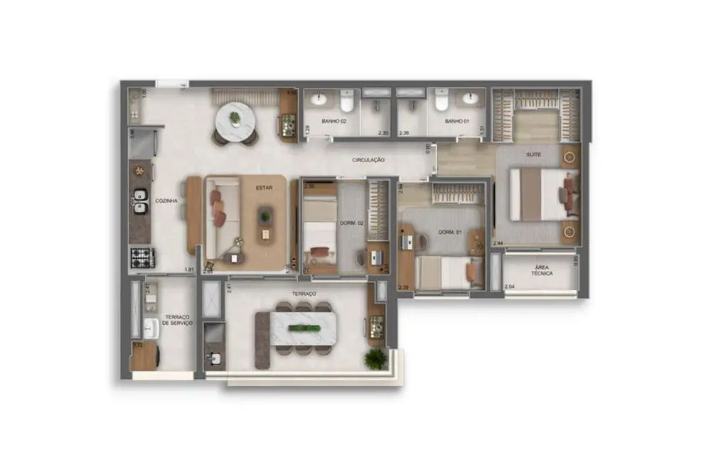 Planta 3 dormitórios 89 m²