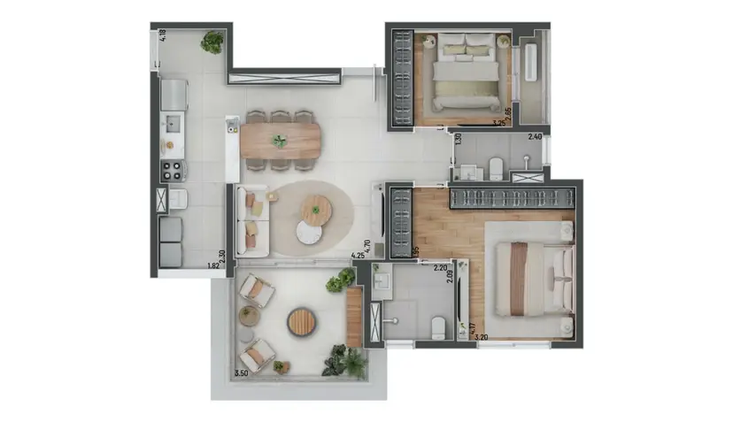 Planta 2 dormitórios 94 m²