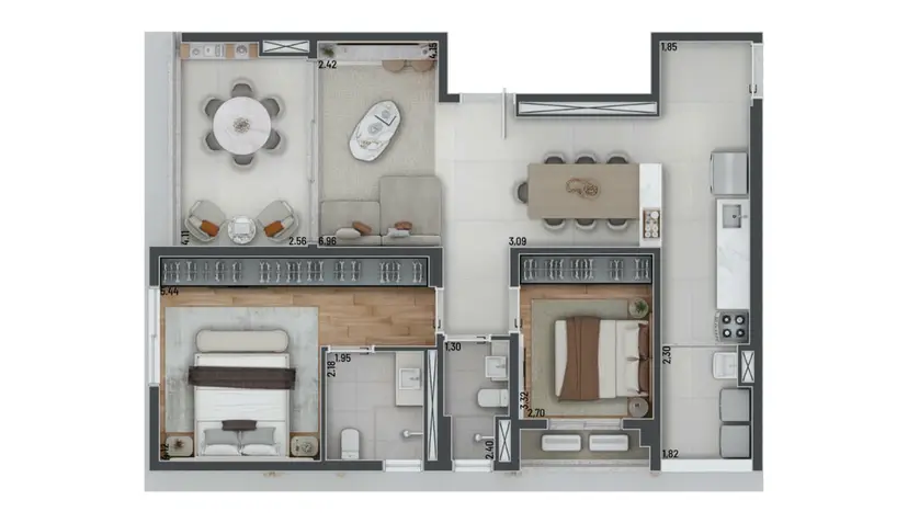 Planta 2 dormitórios 102 m²