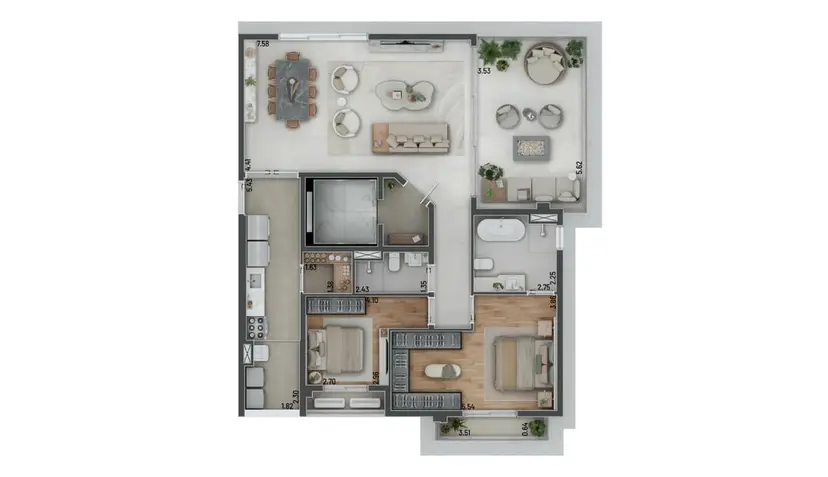 Planta 2 dormitórios 140 m²
