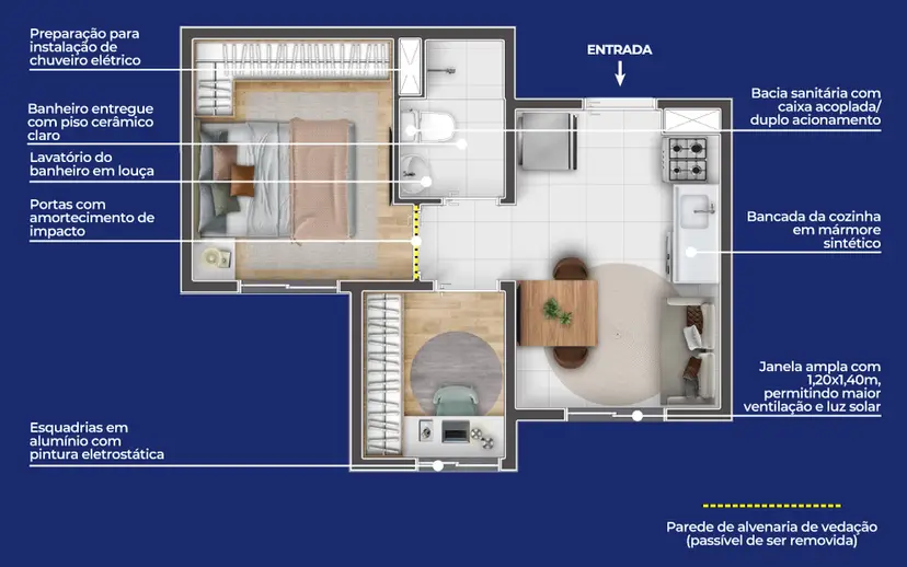 Planta 1 dormitório 26,65 m²