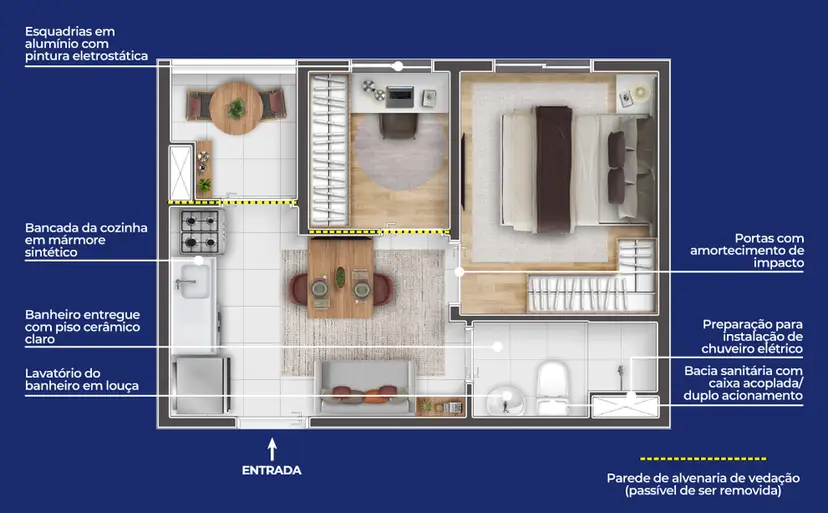 Planta 1 dormitório 27,32 m²