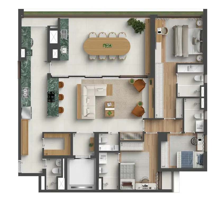 Planta 3 dormitórios – opção de planta 164 m²