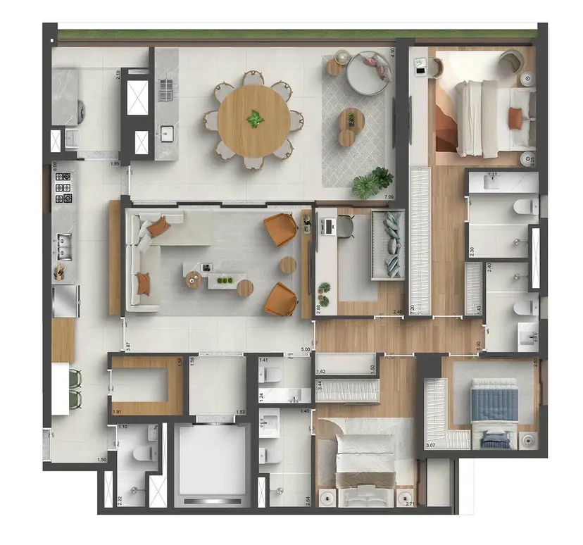 Planta 4 dormitórios 164 m²