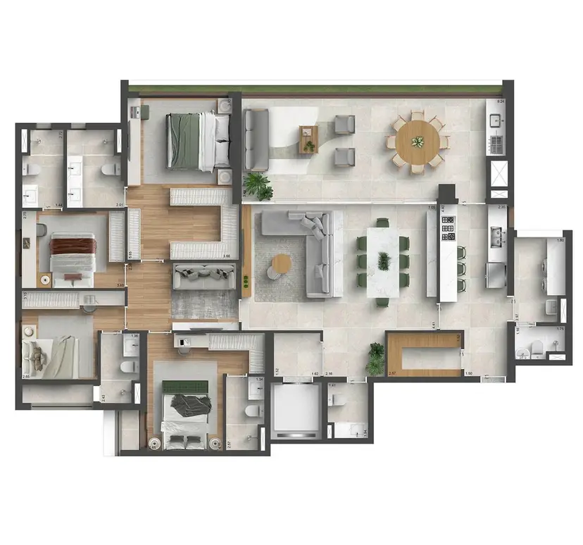 Planta 4 dormitórios 207 m²