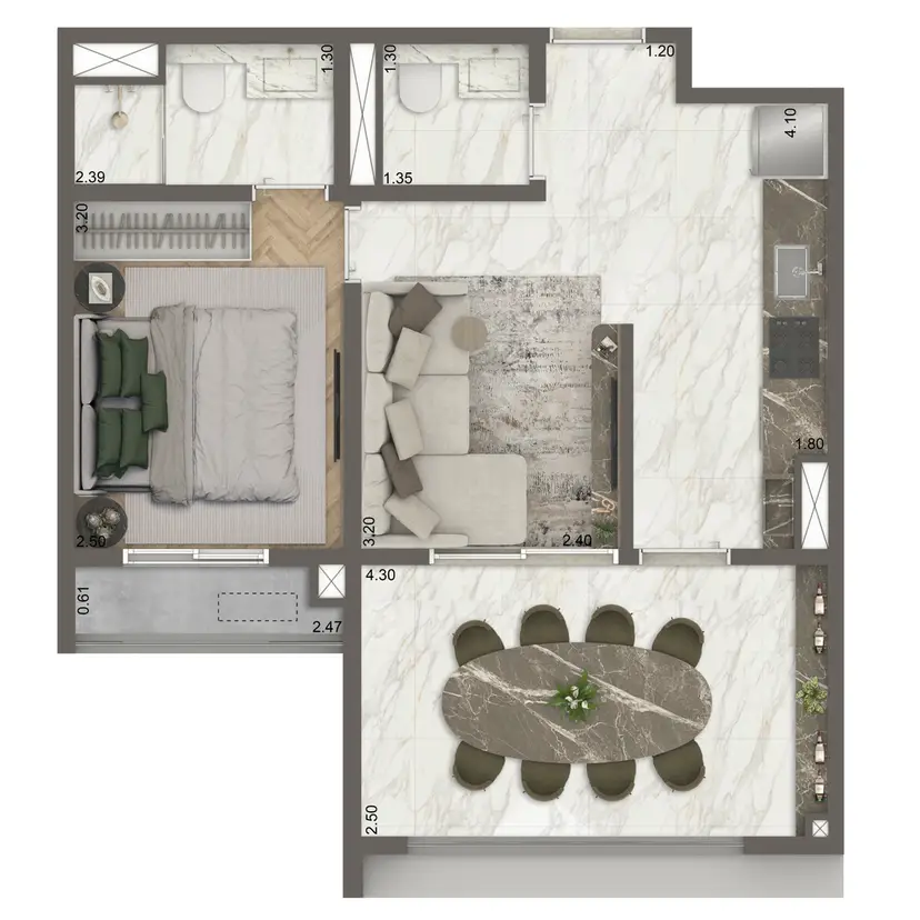 Planta 1 dormitório 47 m²